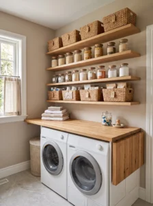 Open pantry shelves with labeled baskets above a laundry folding counter