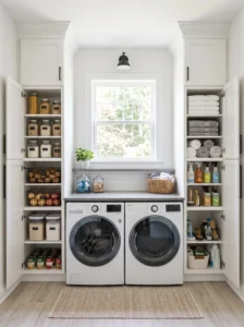 Tall pantry cabinets flanking the washer and dryer
