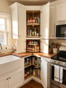 Lazy Susan making a deep corner kitchen cabinet easier to organize