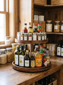 Lazy Susan shelf inserts for pantry oils and condiments