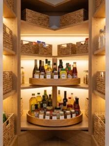 Lazy Susan organizing bottles and condiments in a pantry corner