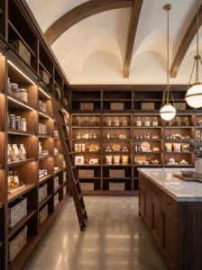 Luxury walk-in pantry with floor-to-ceiling shelving and rolling library ladder.