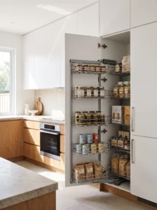 Pull-out corner drawer pantry system bringing kitchen storage within easy reach