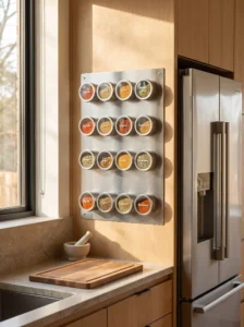 Magnetic spice strip for compact kitchen spice storage