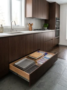 Hidden toe-kick drawer for flat pantry and kitchen storage
