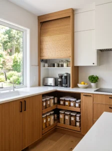 Corner pantry combined with hidden appliance garage to reduce counter clutter