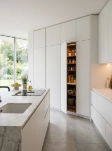 Hidden pantry door seamlessly blended into modern kitchen cabinetry