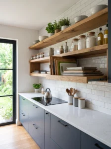 Hidden pull-out pantry storage behind open kitchen shelving