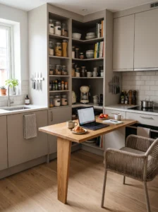 Multi-functional corner pantry with fold-out table for dining or workspace use