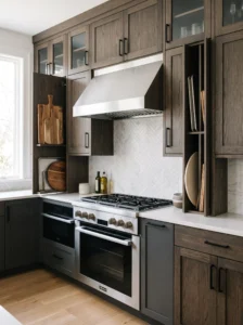Hidden vertical pantry storage in the recess beside a range hood