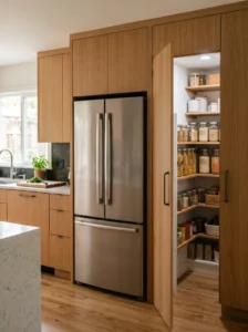 Narrow walk-in pantry tucked beside a recessed refrigerator