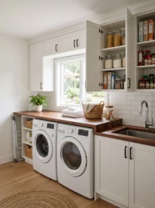 Laundry countertop over washer and dryer with pantry cabinets above