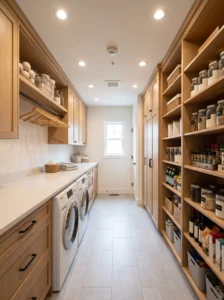 Galley laundry room with pantry storage along the opposite wall