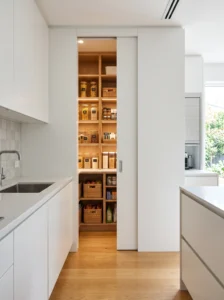 Small pantry with a seamless modern pocket door