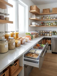 Family pantry assembly-line layout organized for faster meal prep