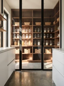 Modern walk-in pantry with black-framed glass door and beautifully organized shelves.