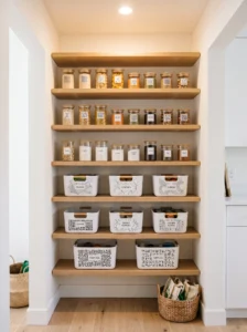 Minimalist small pantry with open wood shelves and organized storage