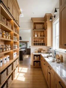 Modern luxury walk-in pantry with organized shelving and elegant storage ideas.
