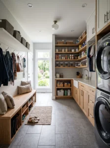 Combined mudroom laundry and pantry storage layout