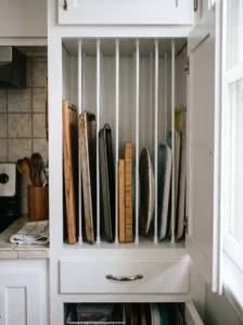 Tension rods creating vertical storage slots for trays in a small cabinet