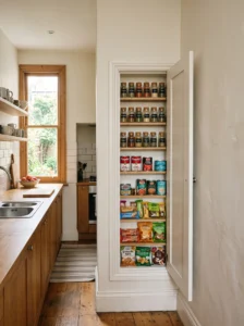 Recessed pantry cabinet built between kitchen wall studs