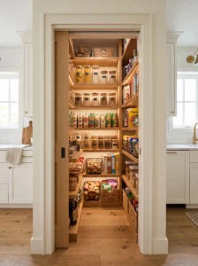 Narrow walk-in pantry with slim shelving in an awkward kitchen corner