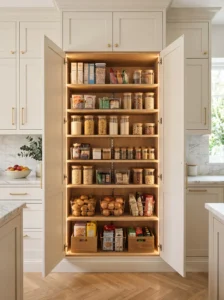 Cabinet-style pantry shelving with doors
