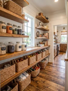Open shelving walk-in pantry with labeled jars, woven baskets, and farmhouse style.