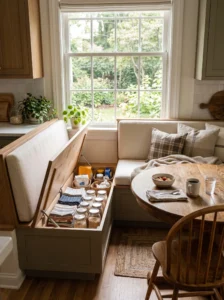 Hidden pantry storage inside a kitchen window seat bench