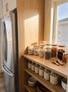 Organized pantry breakfast prep station with oats and mason jars