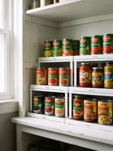 Tiered shelf risers keeping canned goods visible in a small pantry