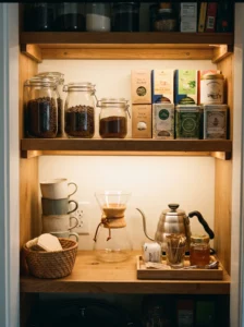 Organized coffee and tea station inside a home pantry