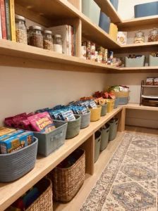 Dedicated kid-friendly snack zone in an organized pantry
