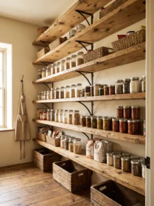 Farmhouse pantry featuring open wooden shelves with visible grain and organized glass jars.