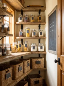 Farmhouse pantry with chalkboard labels on jars, baskets and storage containers.