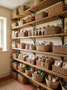 Natural woven baskets used for organized storage in a rustic farmhouse pantry.