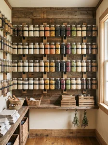 Mason jars arranged across a dedicated storage wall in a rustic farmhouse pantry.