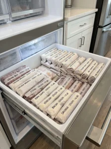 Freezer packages labeled with meat cut, date and weight