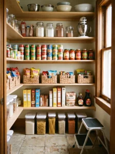 Pantry organized into clear food storage zones by category