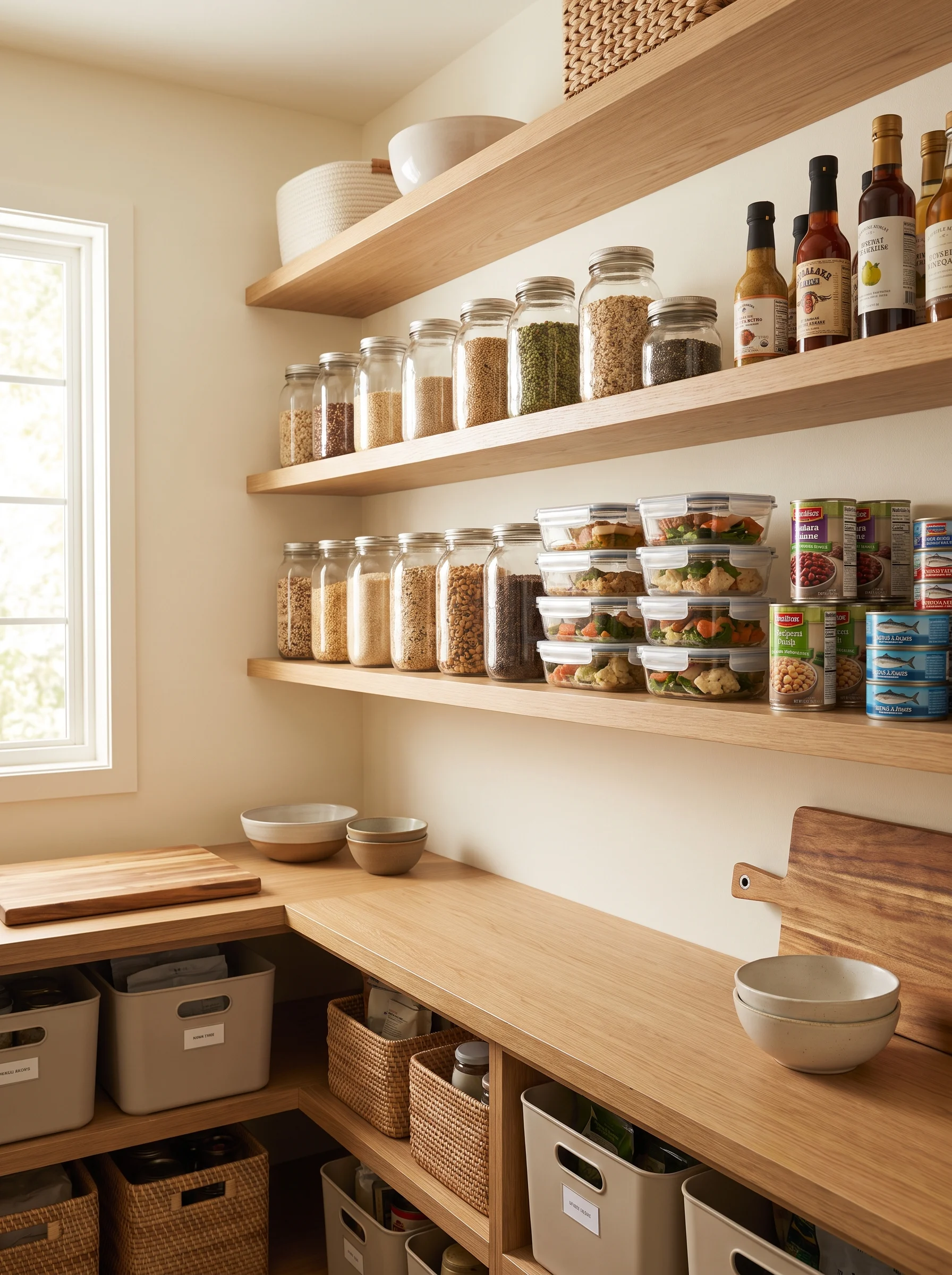 Organized food pantry setup designed to make weekly meal prep easier