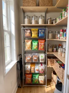 Wire basket snack shelf for neatly organizing pantry snacks