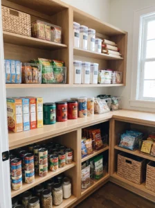 Pantry shelves organized into separate food categories