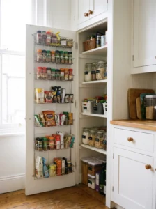 Small pantry door with a multi-tier storage rack for spices and snacks