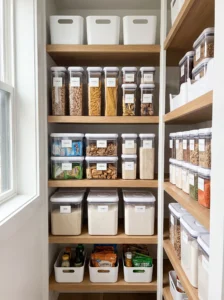 Stackable storage bins organizing dry goods in a small pantry