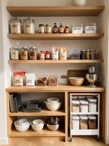 Pantry baking zone organized for batch-made snacks and energy bites