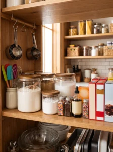 Dedicated pantry baking supply zone with organized ingredients