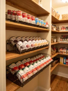 Narrow can organizer shelving for rotating canned goods