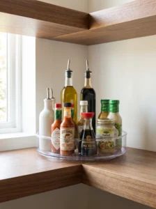 Turntable condiment corner for organized oil and sauce storage