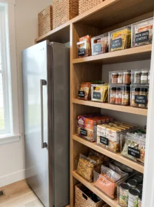 Freezer meal kit pantry zone with labeled ingredients and seasoning packets