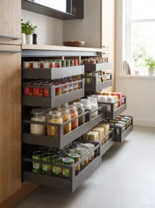 Pull-out pantry drawers providing easy access to stored food